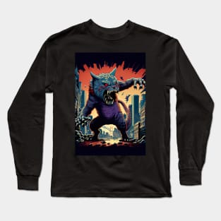 Giant Angry blue Cat attacking a city Long Sleeve T-Shirt